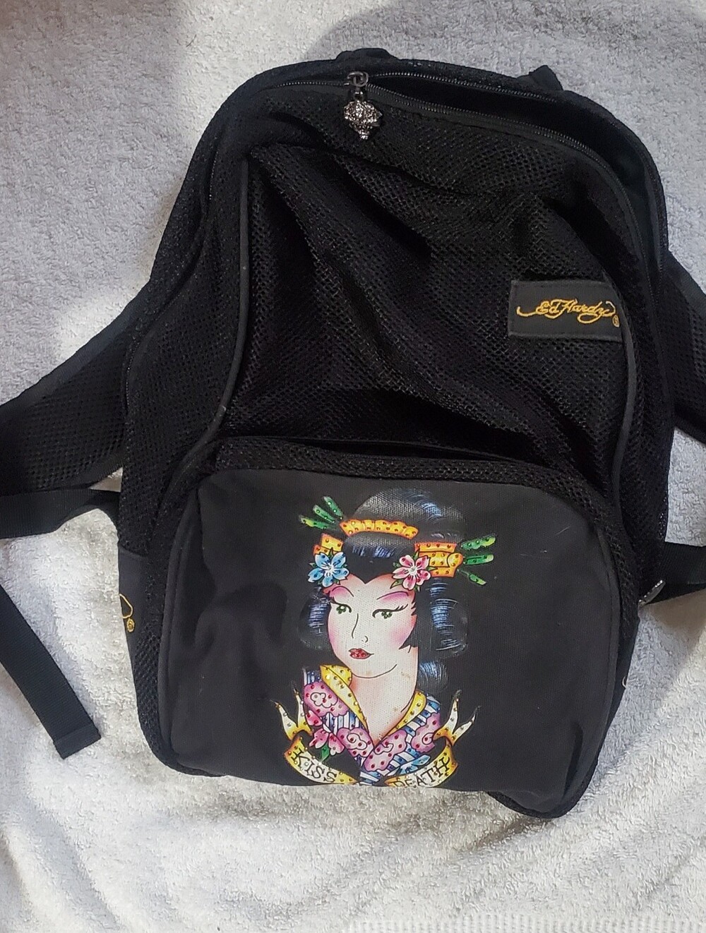 Ed Hardy Black Backpack with Colorful Geisha Illustration